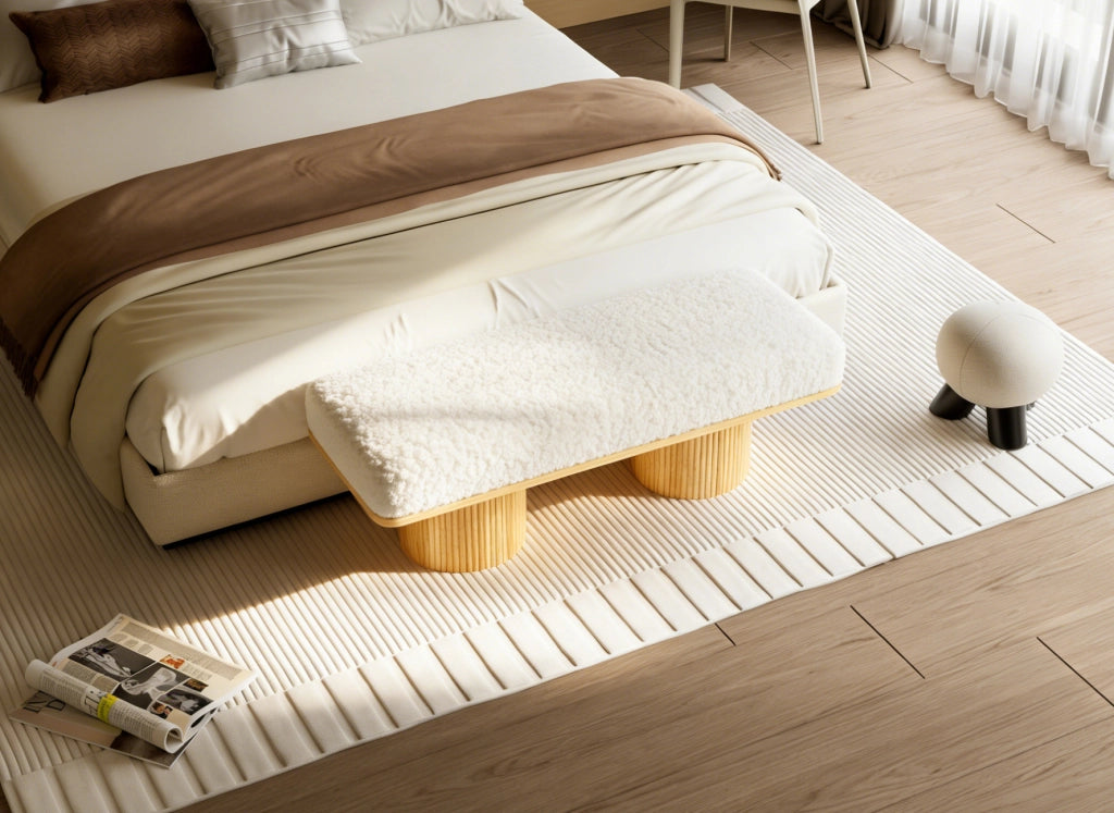 Panca imbottita 122 cm en teddy fleece con base in legno massiccio, seduta morbida per ingresso e camera, naturale