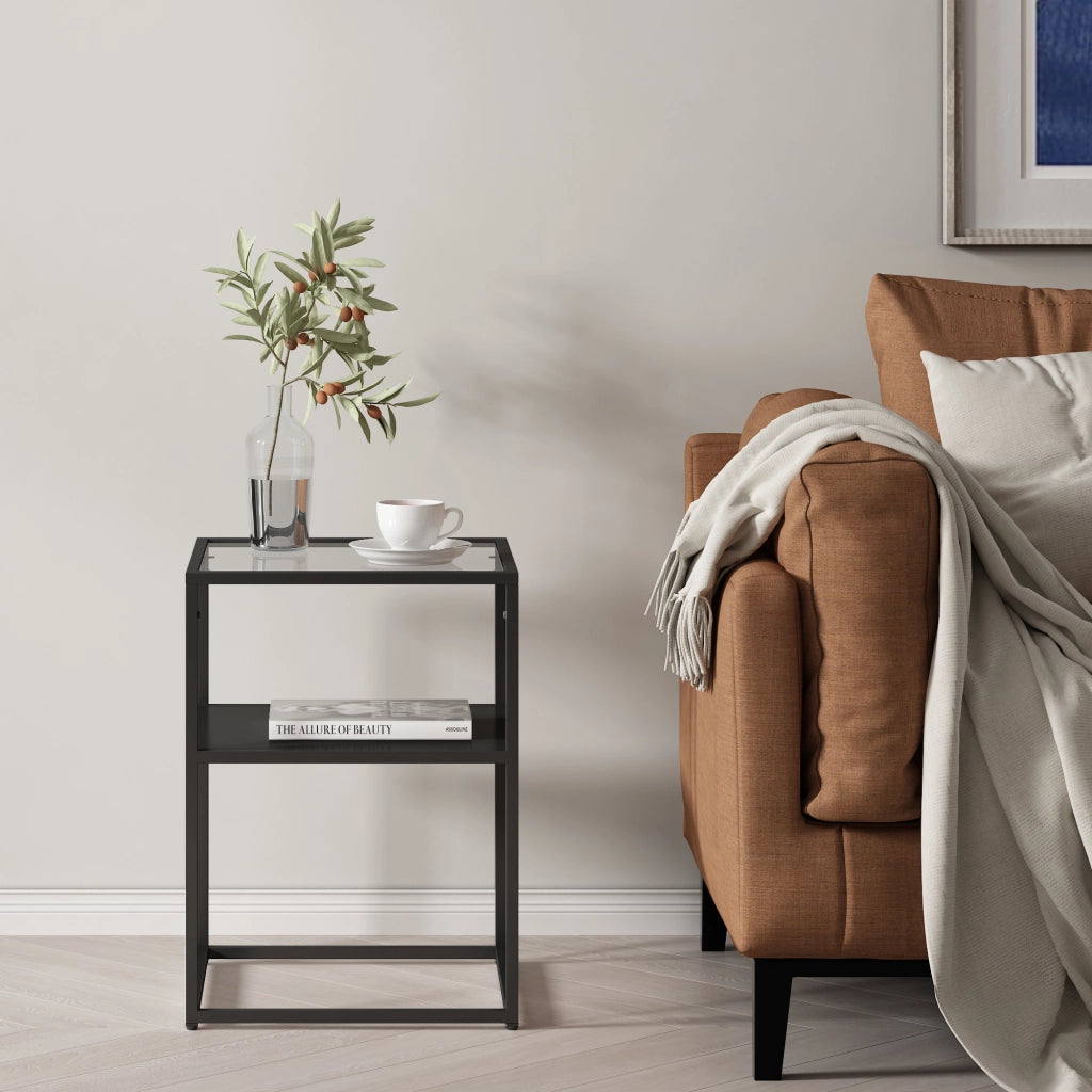 Tavolino da Divano Solund Piano Tavolo in Vetro 55 x 40 x 40 cm Acciaio Nero opaco [en.casa]