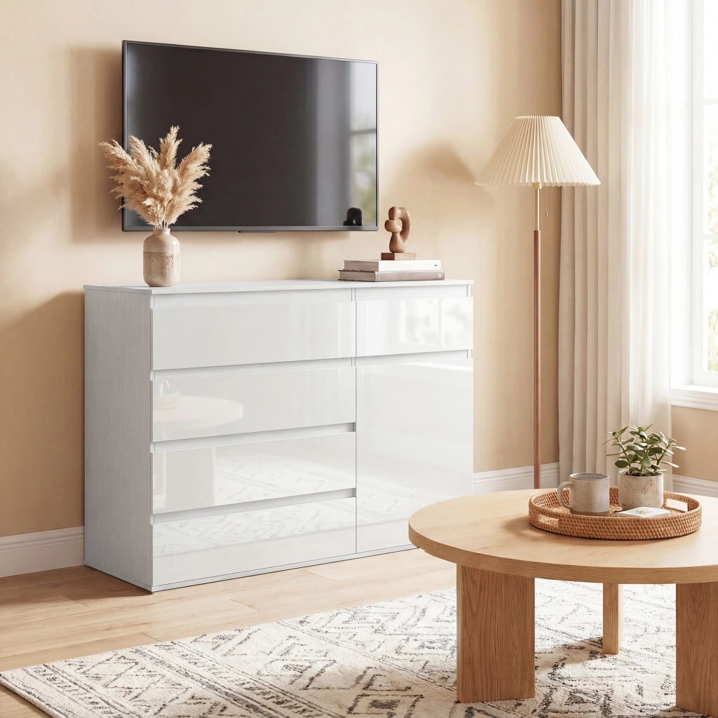 Credenza Mobile Basso 100x40x80 cm con 5 Cassetti Ripiano Regolabile in MDF Bianco Lucido