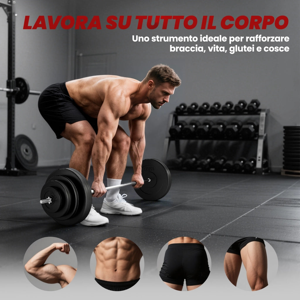 Set Bilanciere con Dischi 70kg ¨C Xylo ¨C 8 Pesi Acciaio Regolabile Antiscivolo 170x40.5cm Nero