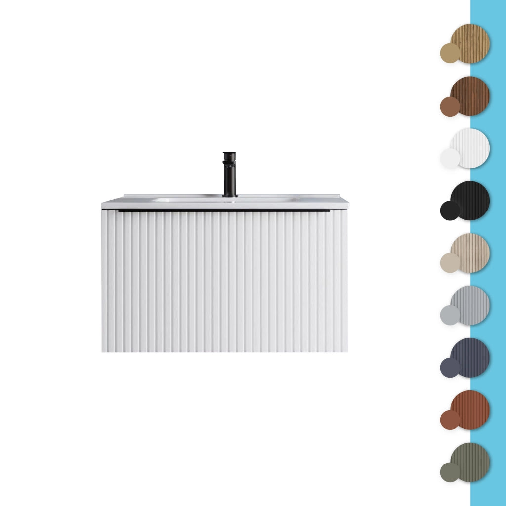 Mobile bagno sospeso 70 cm nero opaco cannettato con cassetto e lavabo Nara