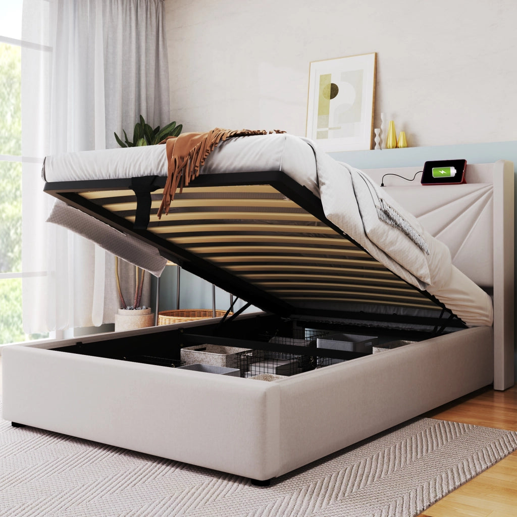 LETTO Contenitore 90x200 cm Beige in cotone e lino con USB Tipo C