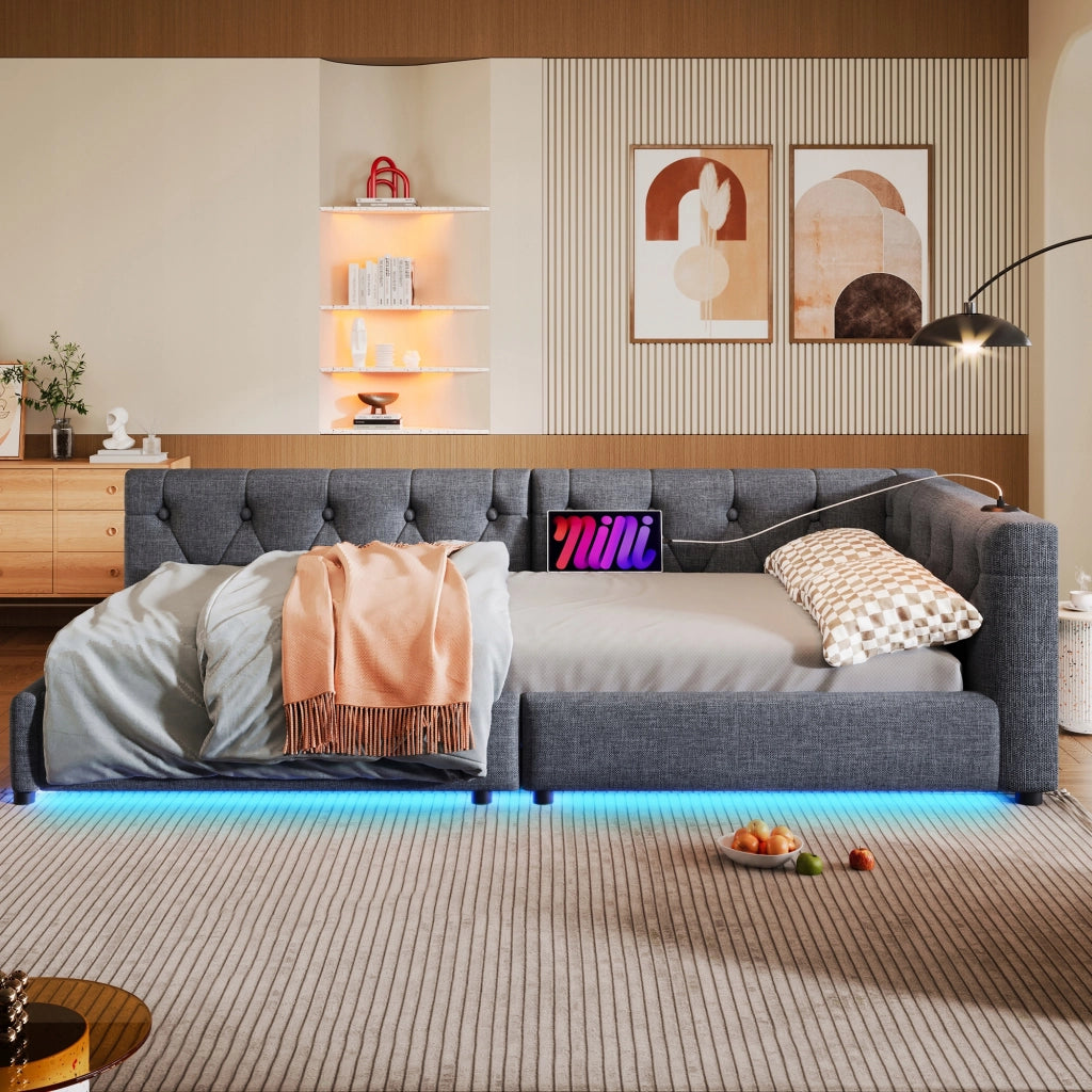 Sofa letto 90x200 - Xylo - LED, USB-C, lino grigio