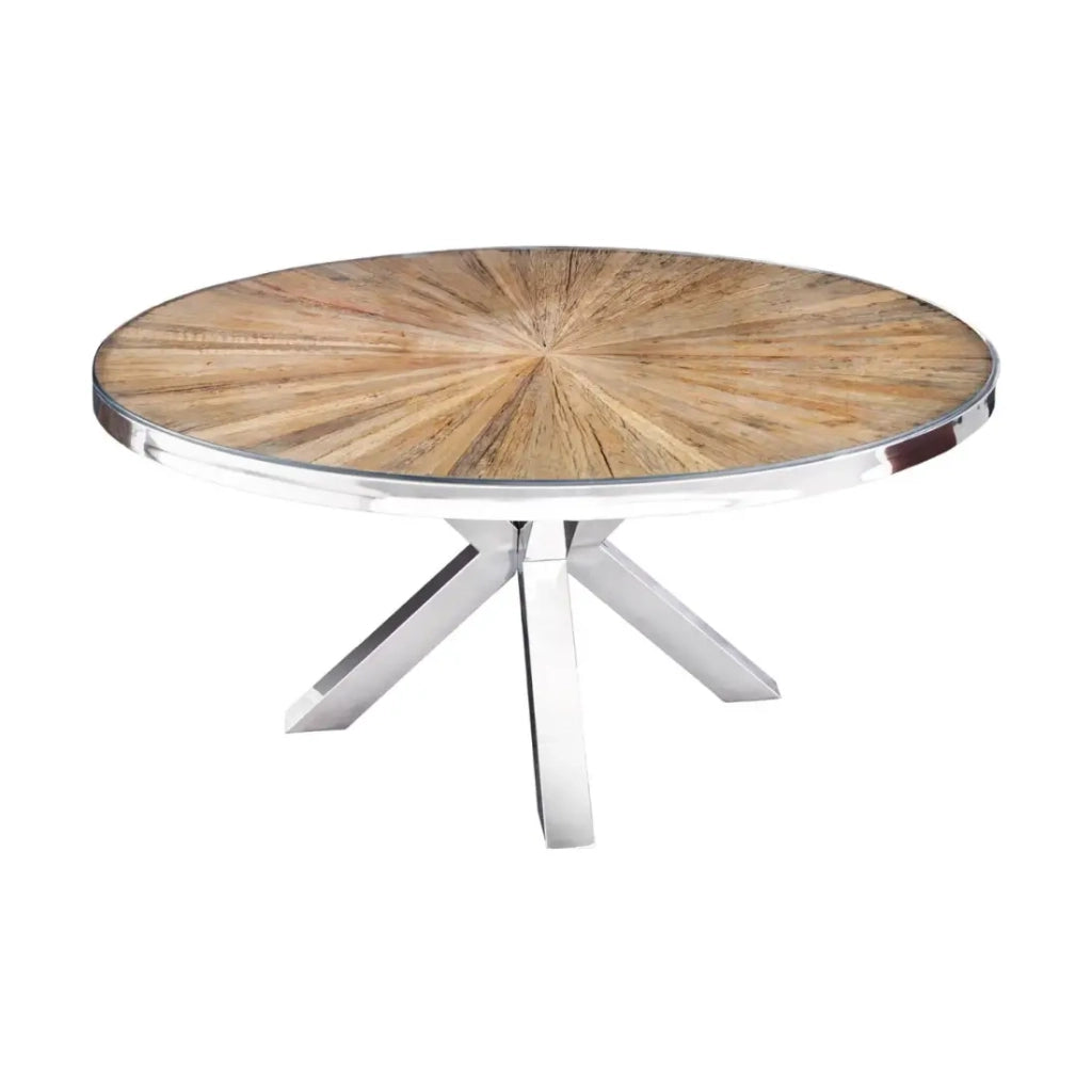 Table RAFTA – Legno di teck e vetro temperato – Piede cromato – 140 cm – Rotonda – Stile contemporaneo