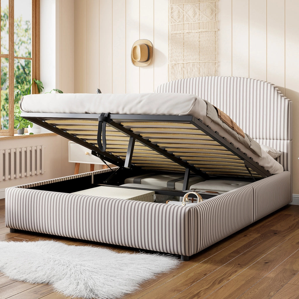 DESMIU Lit contenitore 140 × 200 cm 2 posti con vano idraulico e testiera, senza materasso, in tessuto rigato bianco e antracite