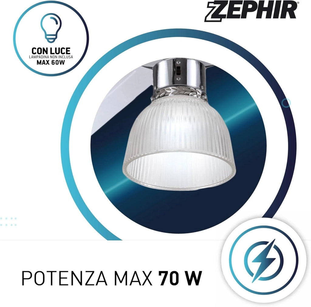 Ventilatore a Soffitto Zephir ZFR3121X 120 cm con Luce, 3 Pale in Metallo Cromato, Telecomando, 5 Velocità, Funzione Reversibilità Estate/Inverno, Timer 1/2/4/8 Ore, Lampada E27 fino 60W, Potenza 70W – Ideale per Casa, Soggiorno e Ufficio