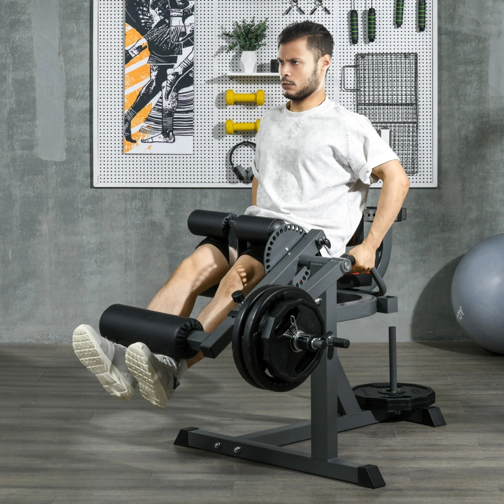 Macchina regolabile per estensione e flessione delle gambe con caricamento a dischi, ideale per l'allenamento di fianchi, cosce e parte inferiore del