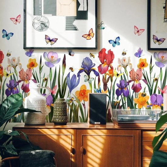 Decorazione per Parete con Fiori - Decorazione per Soggiorno - Decorazione per Camera da Letto - Decorazione per Parete con Farfalle - Rimovibile - Adesivo Auto-Attacco