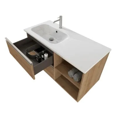 Mobile bagno sospeso 100 cm rovere miele con cassetti e vani a giorno completo di lavabo a sinistra e specchio Master