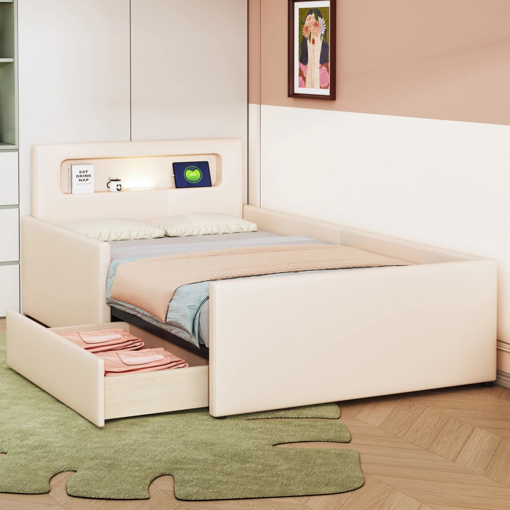 LETTO per bambini 90x200 cm beige in similpelle con USB, luce notturna e cassetti