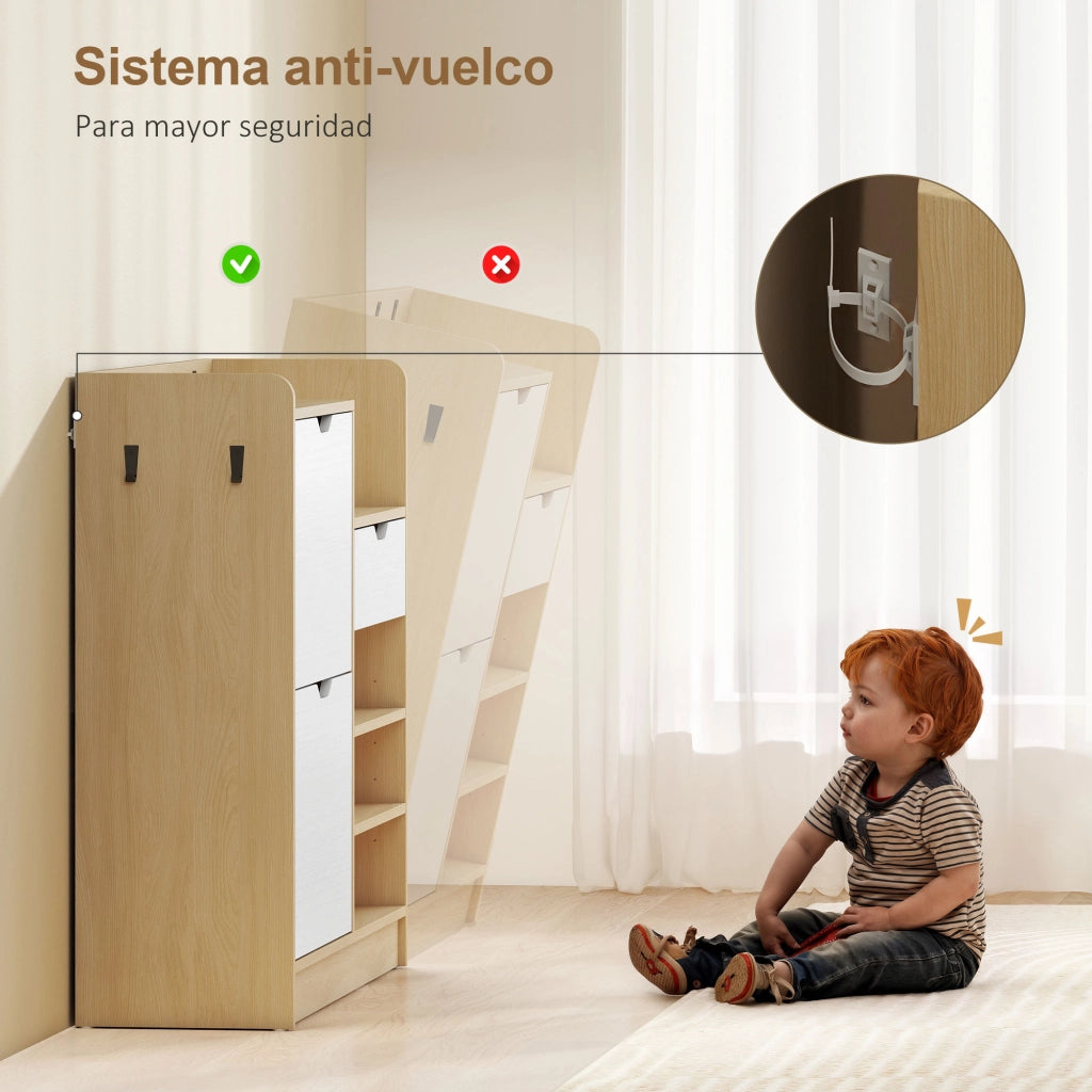 Scarpiera con cassetti e appendiabiti ¨C zephmum ¨C bianco e naturale, 4 ganci per 14 paia di scarpe