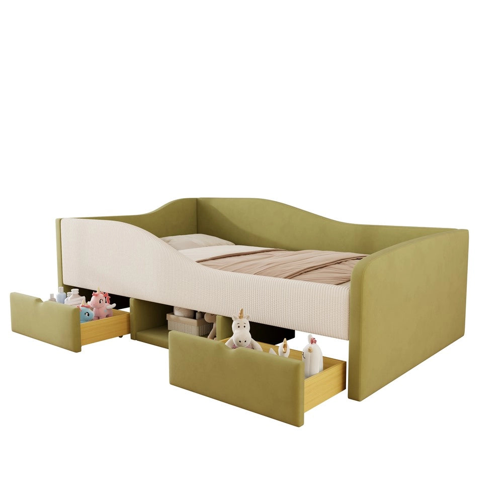 Letto Imbottito con Cassetti ¨C MINIMAL ¨C Velluto Verde Scuro e Bianco 90x190
