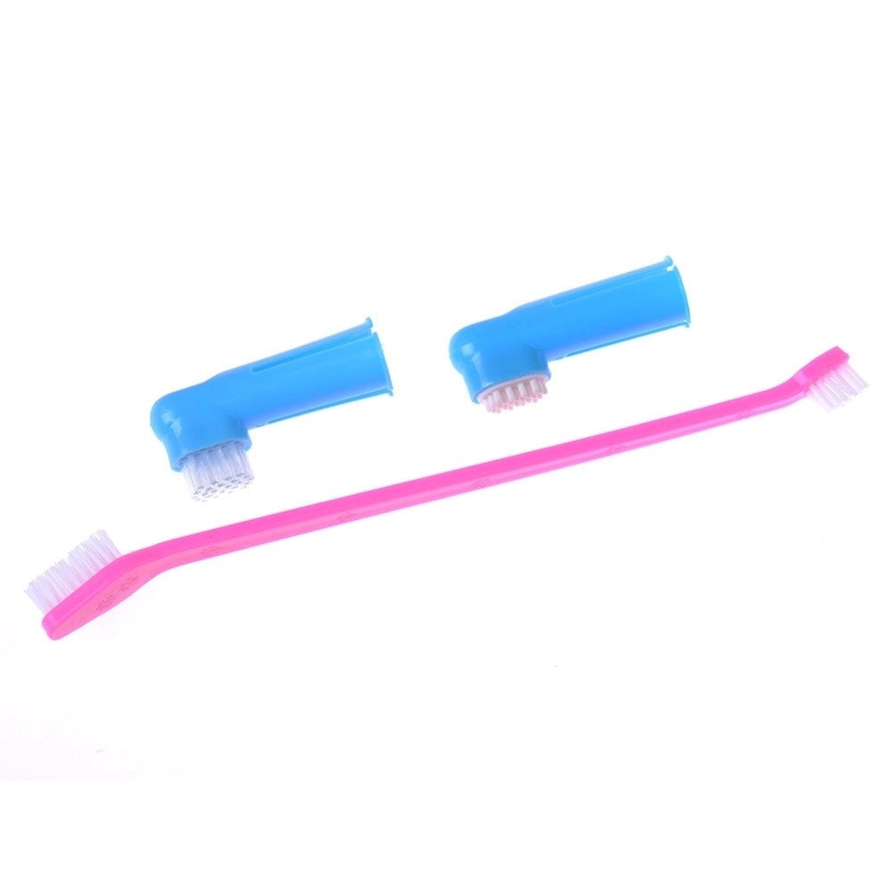 Trade Shop - Set Spazzolino Lungo Doppio Con 2 Testine Dito Per Cane Animali Pulizia Denti -