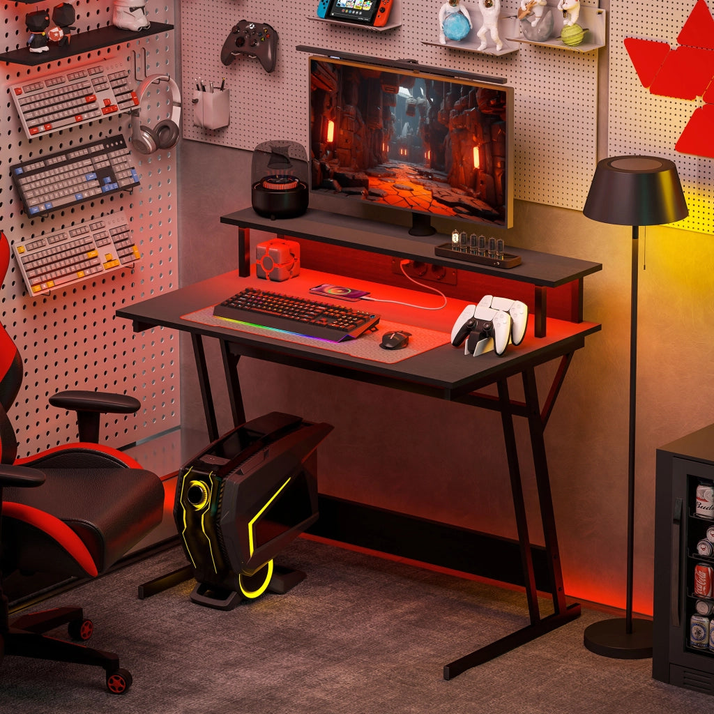 Scrivania Gaming con Supporto Monitor e Luci LED ¨C Minimal ¨C Nero, Truciolato e Acciaio, 100x60x88.5 cm