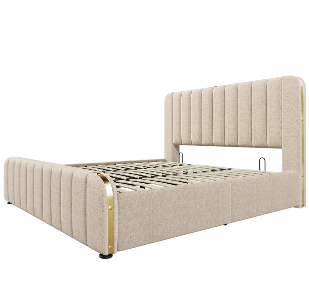 Letto matrimoniale imbottito con contenitore, USB Type-C e struttura in lino beige