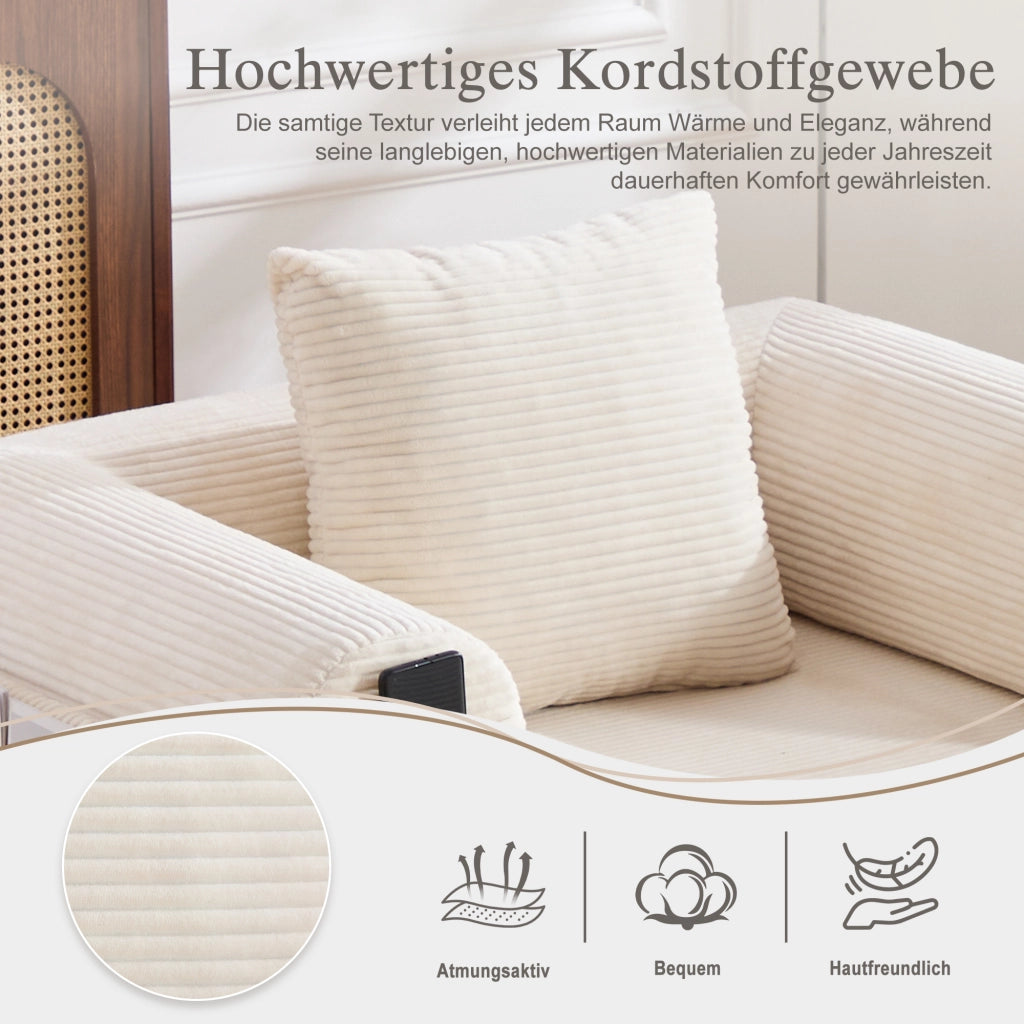 Divano Modulare con Pouf, con Tasca Laterale e Cuscino, in Velluto a coste, Beige