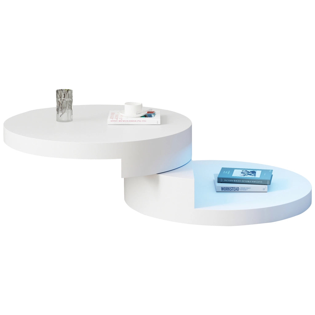 Tavolino da caffè rotondo 70x70x35,5 cm girevole a 360° con LED, struttura a doppio livello, MDF, bianco