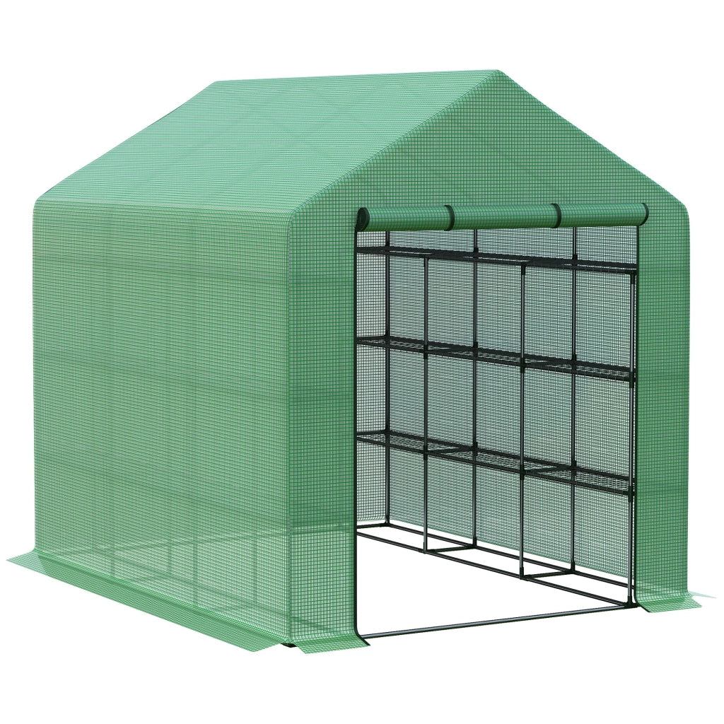 Serra a tunnel con 8 ripiani, serra per pomodori con porta, verde, realizzata in acciaio e plastica PE
