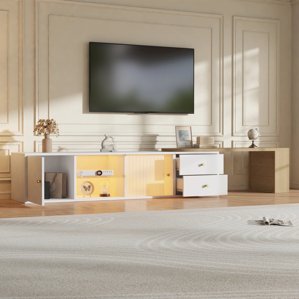 Mobile TV Estensibile 175x40x38 cm Bianco Legno con LED RGB, 2 Cassetti e Ante in Vetro Scorrevoli