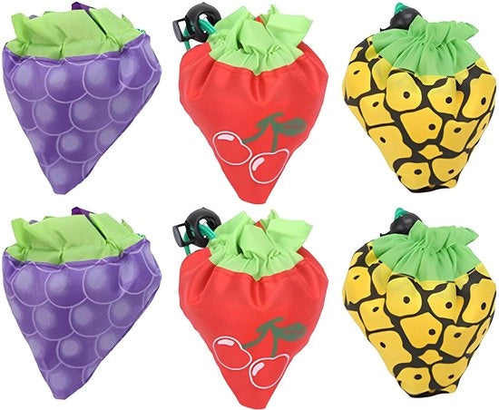 Borsa per spesa 3 pezzi - Borsa pieghevole - Borsa riutilizzabile - Materiale leggero in poliestere - Design unico a forma di frutto - Chiusura con cordoncino