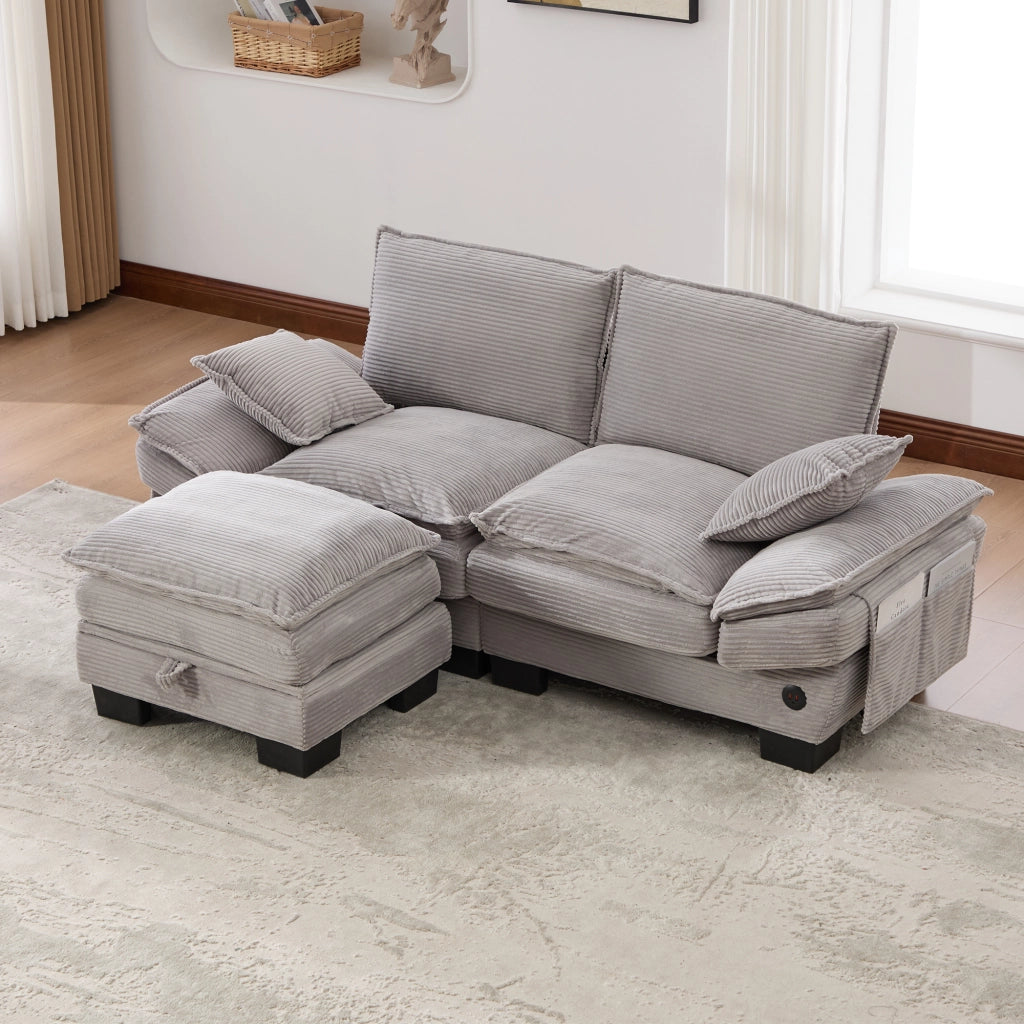 Divano 2 posti in corduroy con pouf, USB-C, tasche laterali, grigio chiaro