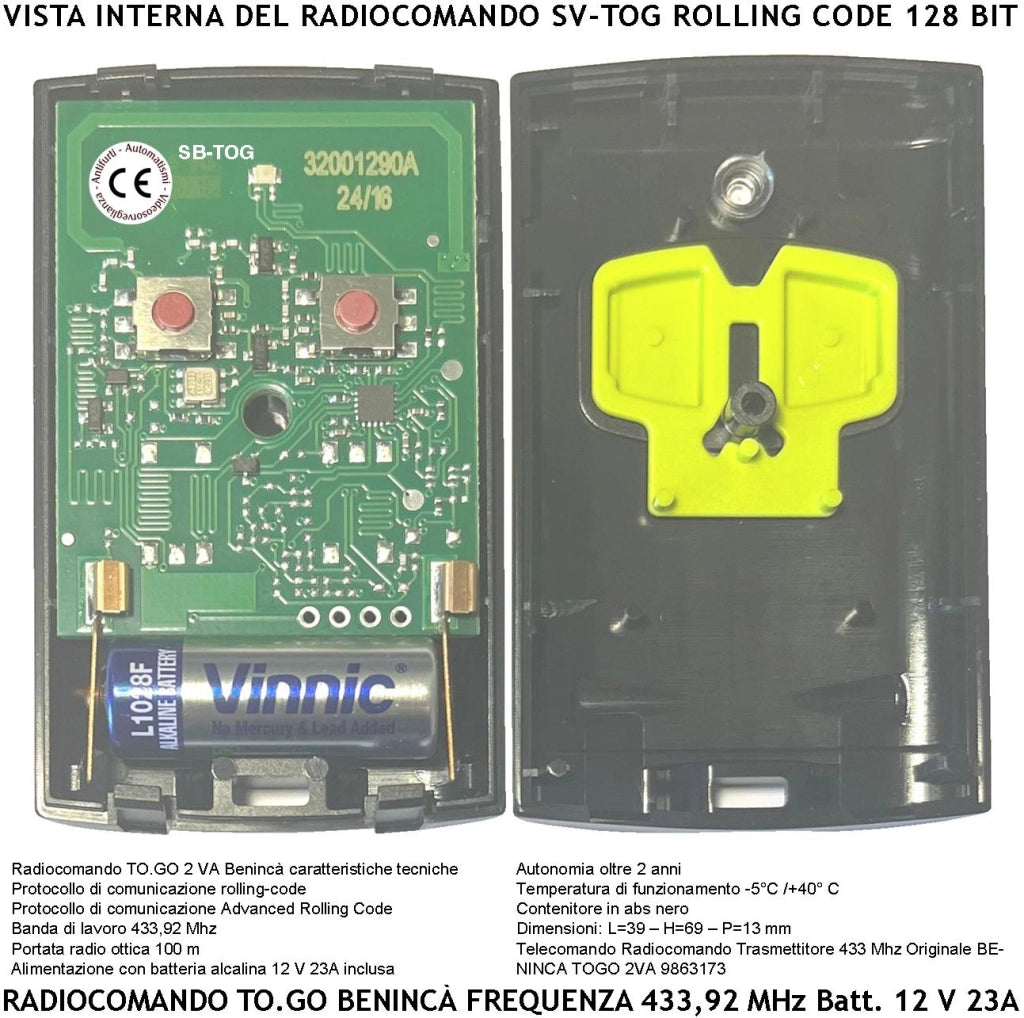Telecomando Bicanale Frequenza 433,92 MHz Portata Libera 60/100 MT TO.GO Codice Sicurezza Advanced Rolling Code 128 Bit Batteria 12 V 23A Contenitore ABS Nero Tasti Gialli Comando Automatismo Benincà