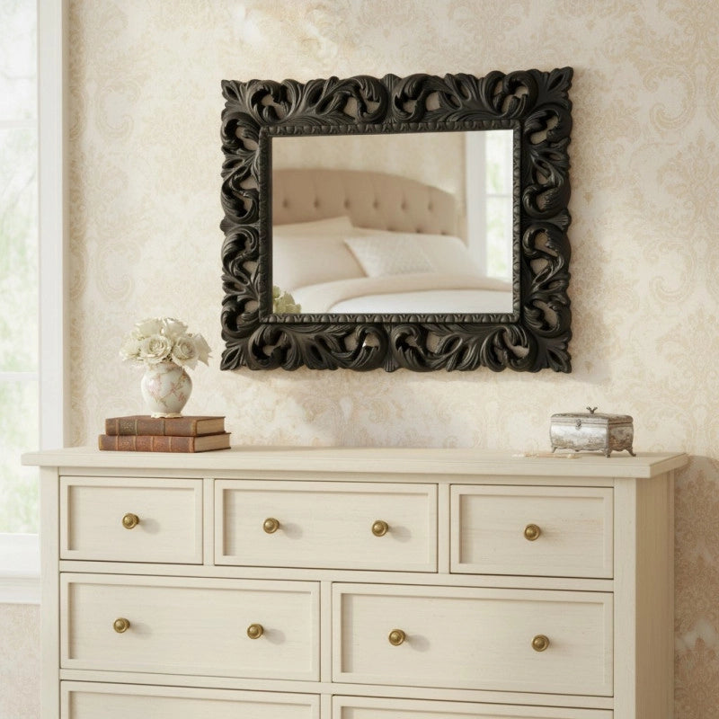 Specchiera Madrid con decoro in stile barocco nero lucido