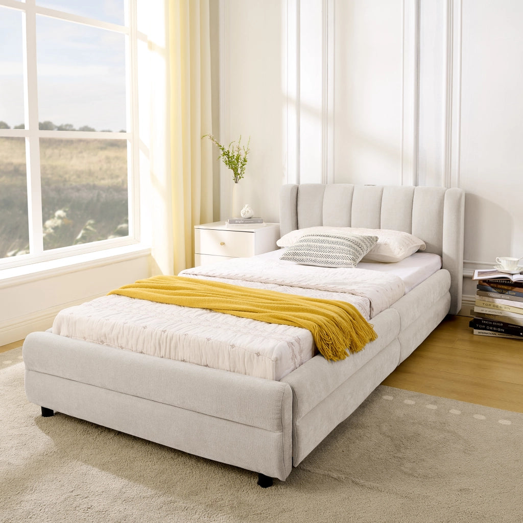 DESMIU Letto singolo 90 × 200 cm con 2 cassetti contenitore, USB e Type-C, senza materasso, in ciniglia beige