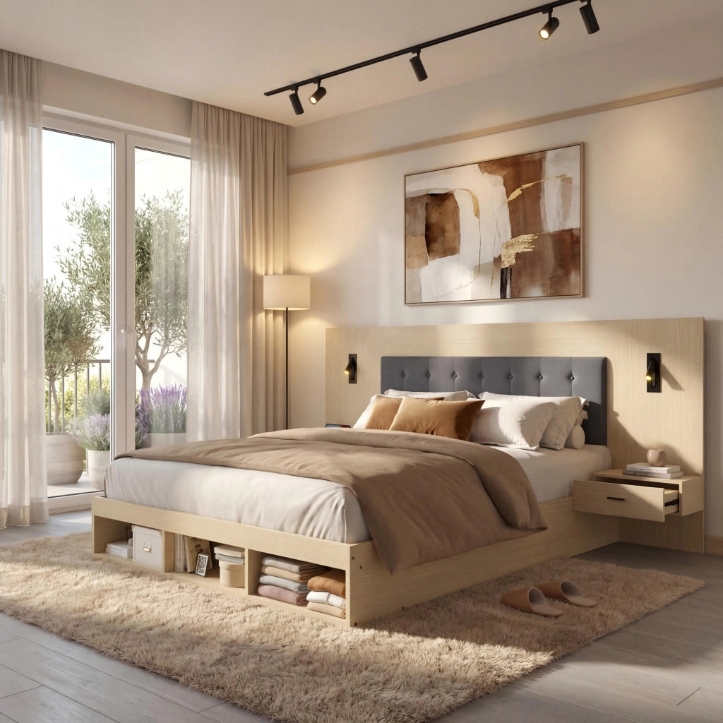 LETTO matrimoniale 180x200 cm con 2 comodini, USB e Type-C, rovere chiaro
