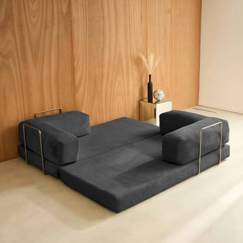 Divano letto futon in velluto a coste e struttura cromata, antracite