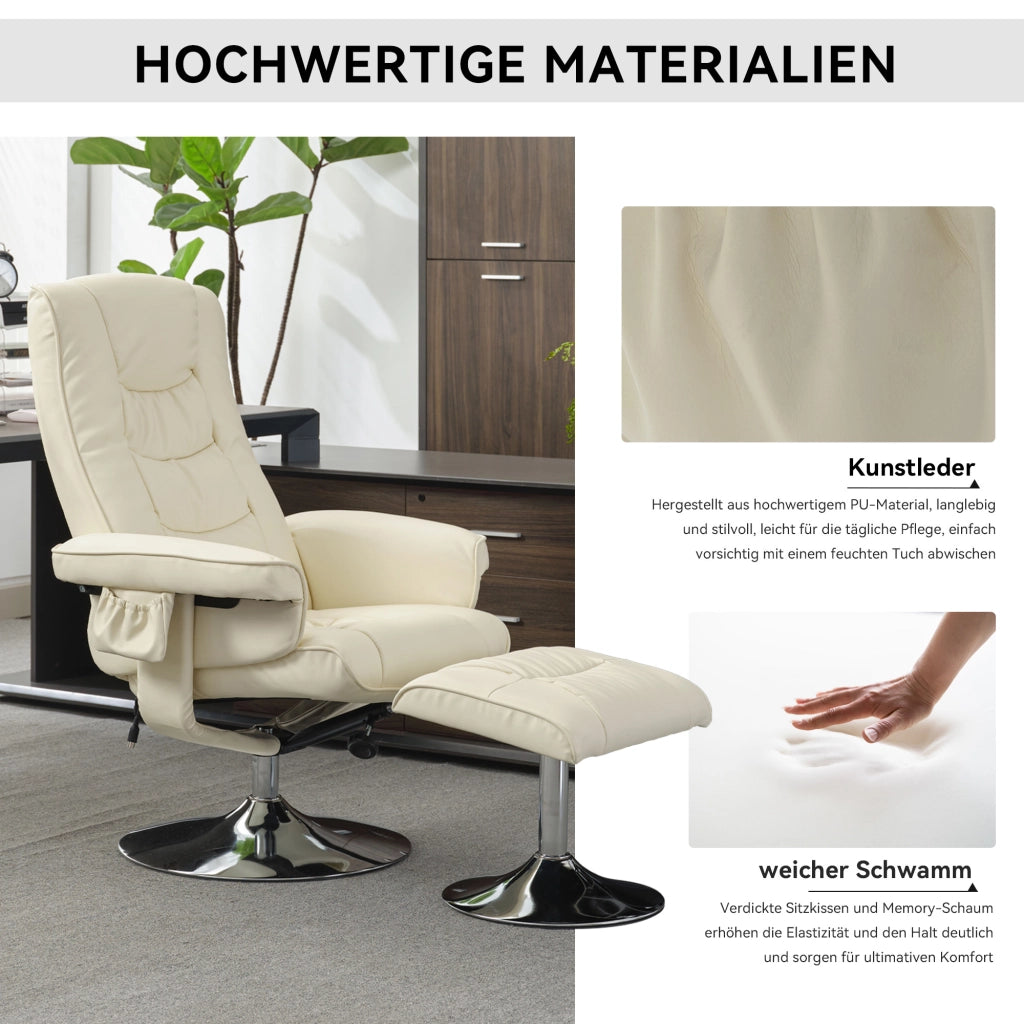 Poltrona massaggiante con poggiapiedi, riscaldamento e rotazione 360 per salotto, in similpelle PU, Beige