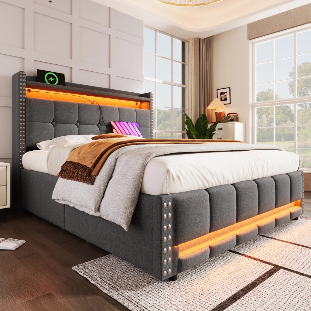 LETTO Imbottito matrimoniale 140x200 cm grigio con LED, USB e cassetti