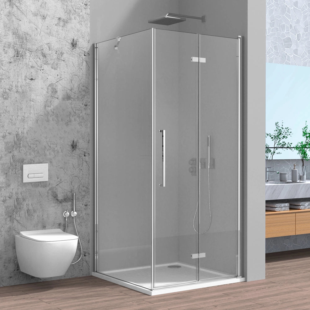 Box doccia angolare a soffietto 70x70 in vetro temperato trasparente con profili cromo Neos