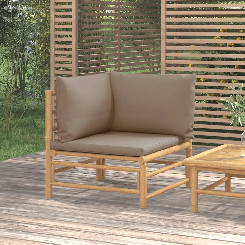Divano Angolare da Giardino con Cuscini Tortora in Bambù 362286