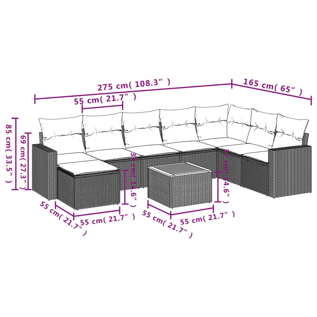 Set Divano da Giardino 9 pz con Cuscini Beige Misto Polyrattan