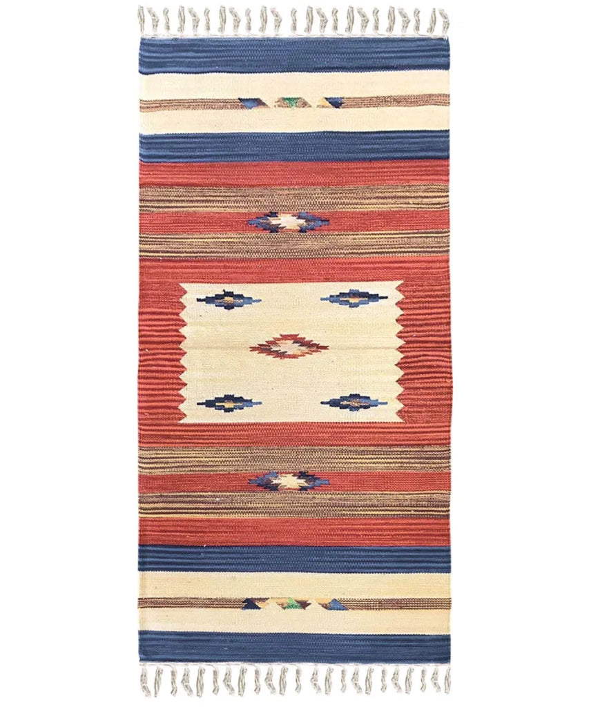 Tappeto passatoia KELIM 02 disegni etnici orientali colori vivaci cm.60x240 tessuto e frangia 100% cotone, lavabile in lavatrice