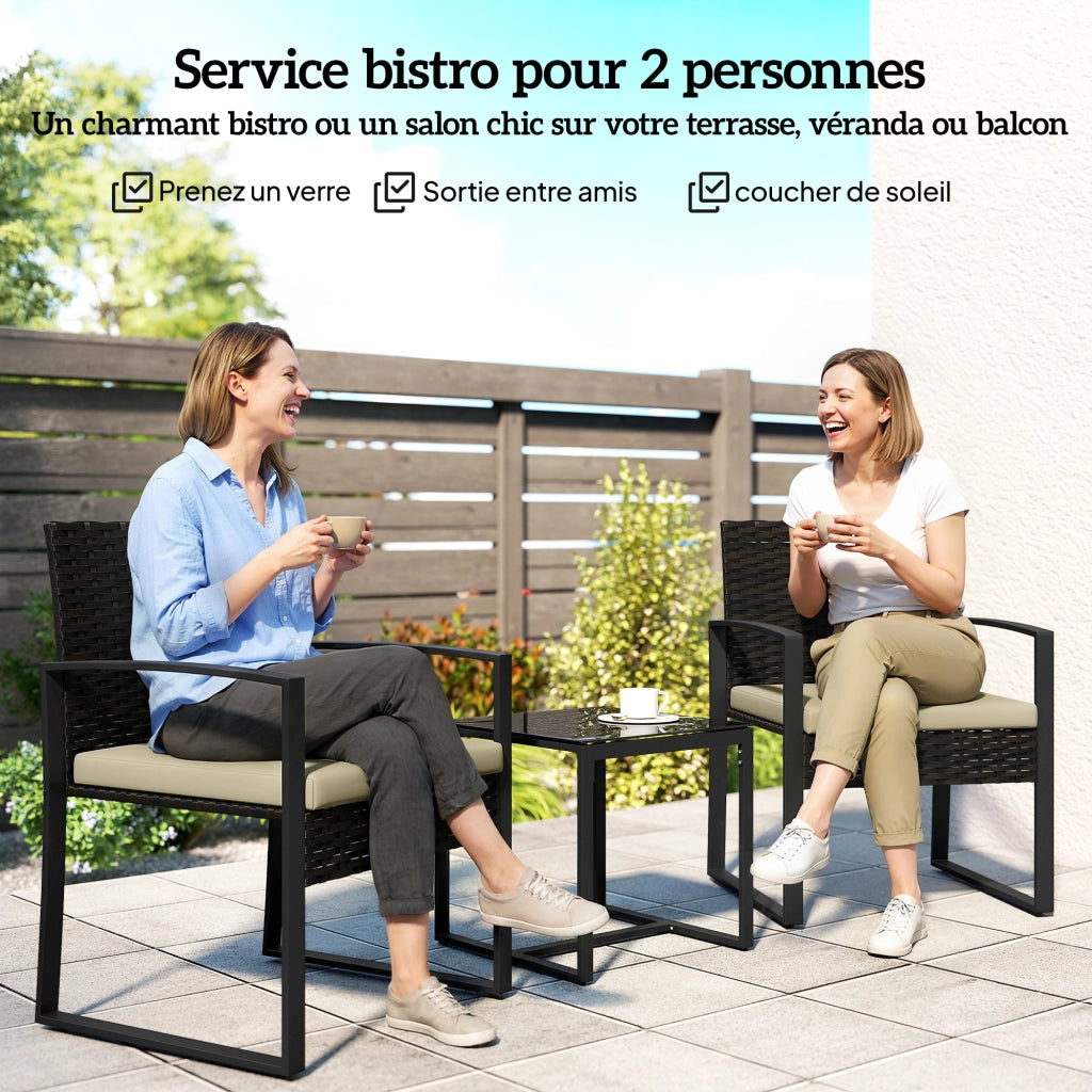 Set da giardino 2 posti con tavolo e sedie ¨C zephmum ¨C marrone, resina, vetro temperato