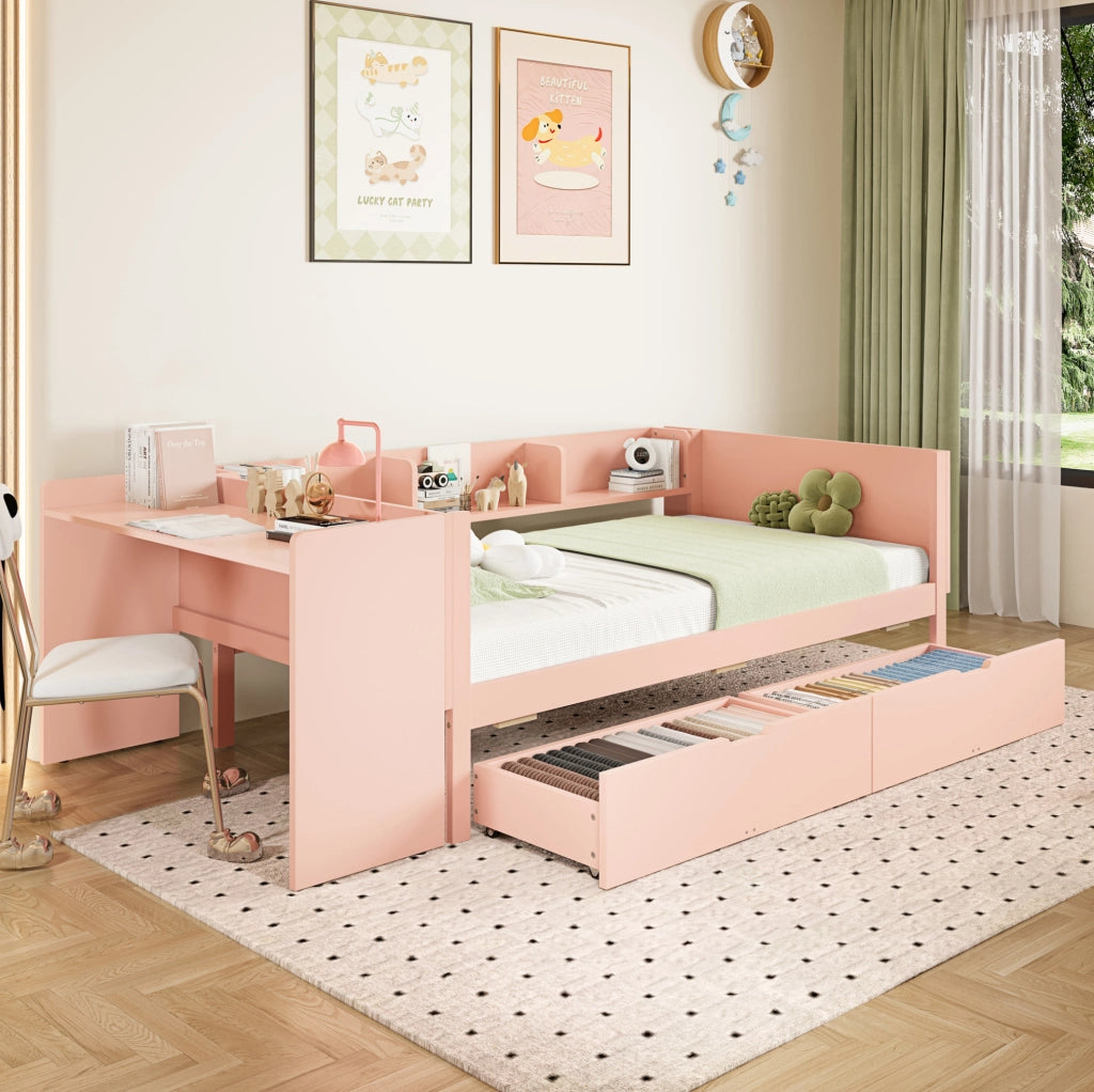 Letto singolo 90x200 cm con scrivania, 2 cassetti e 3 mensole rosa