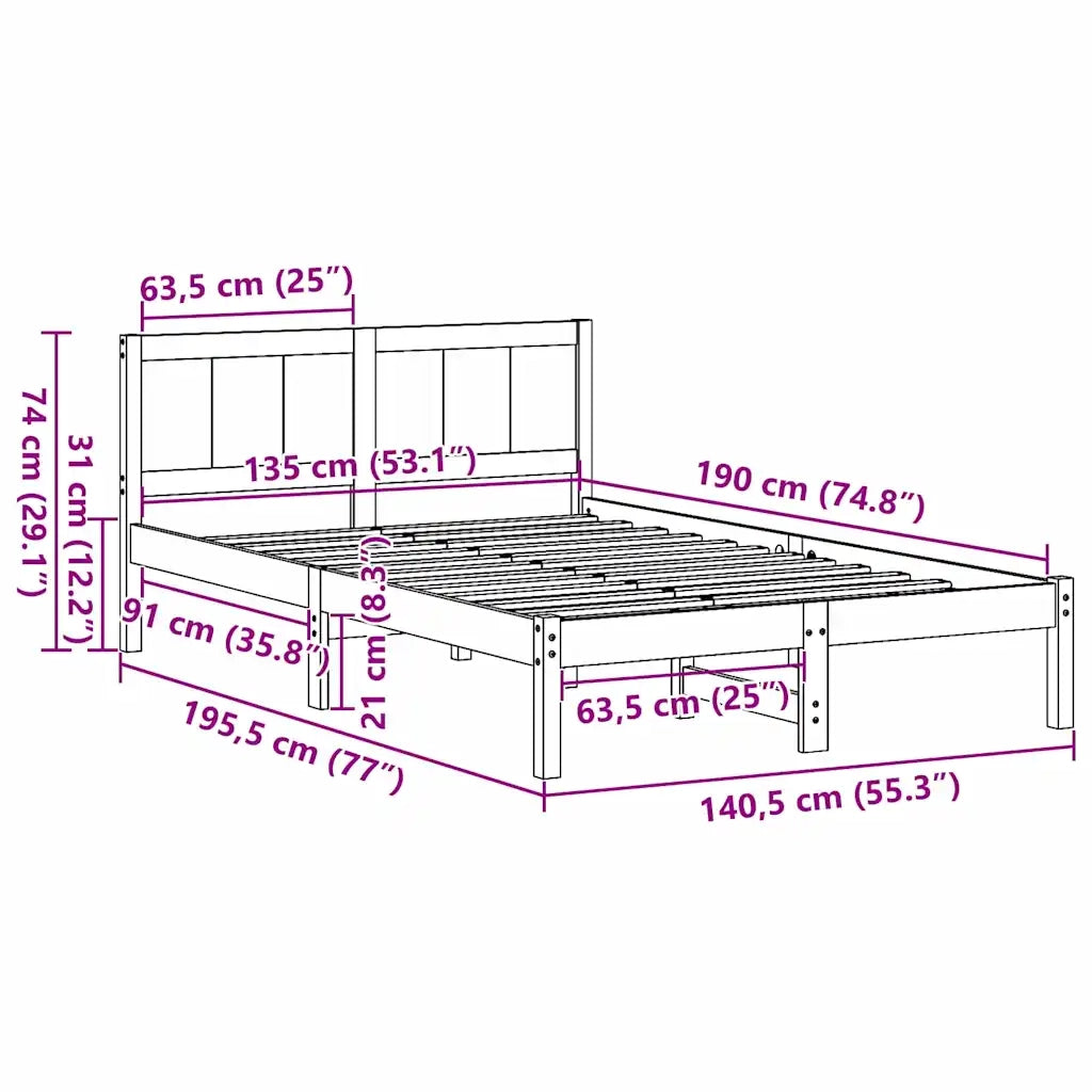 Letto matrimoniale | Letto per adulti | Struttura del letto Bianco 135 x 190 cm Legno massello di pino