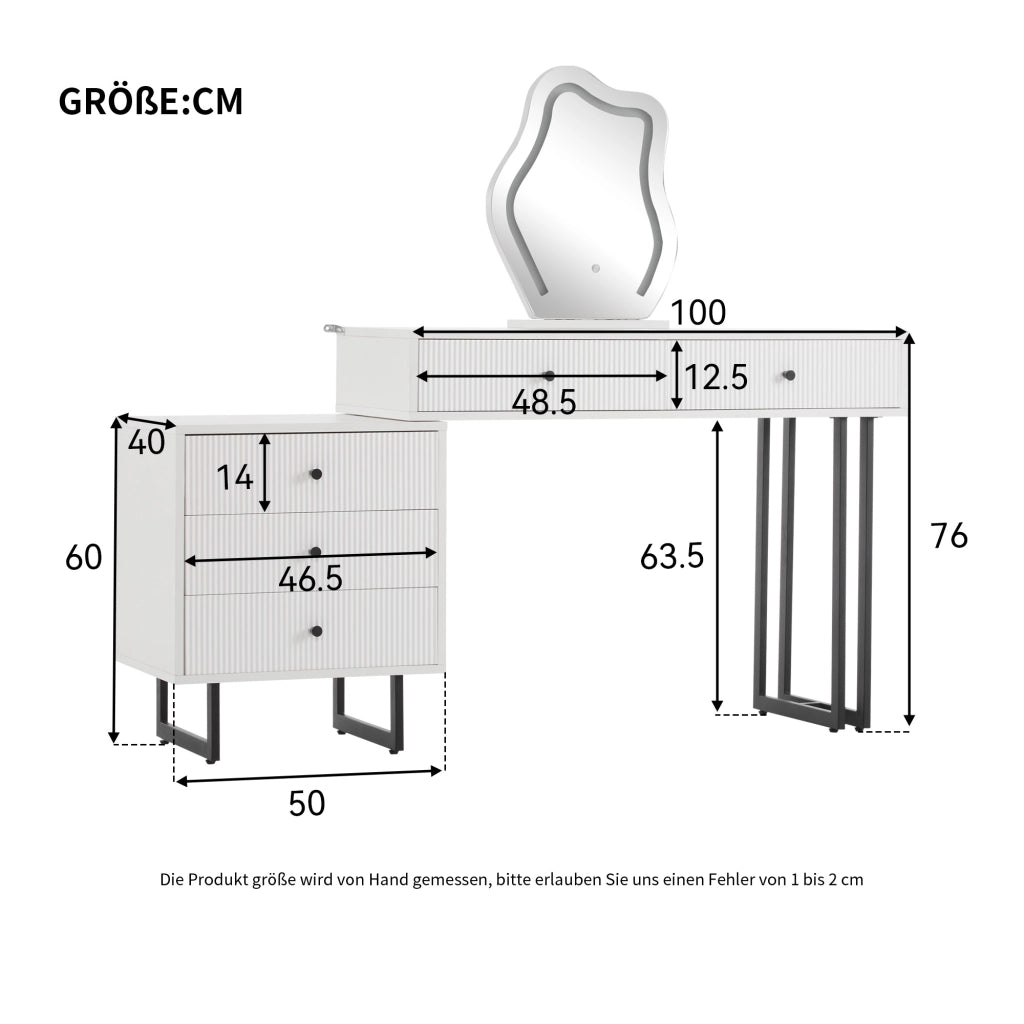 Toeletta con specchio LED e 5 cassetti; per camera da letto; 100×40×76 cm; bianca