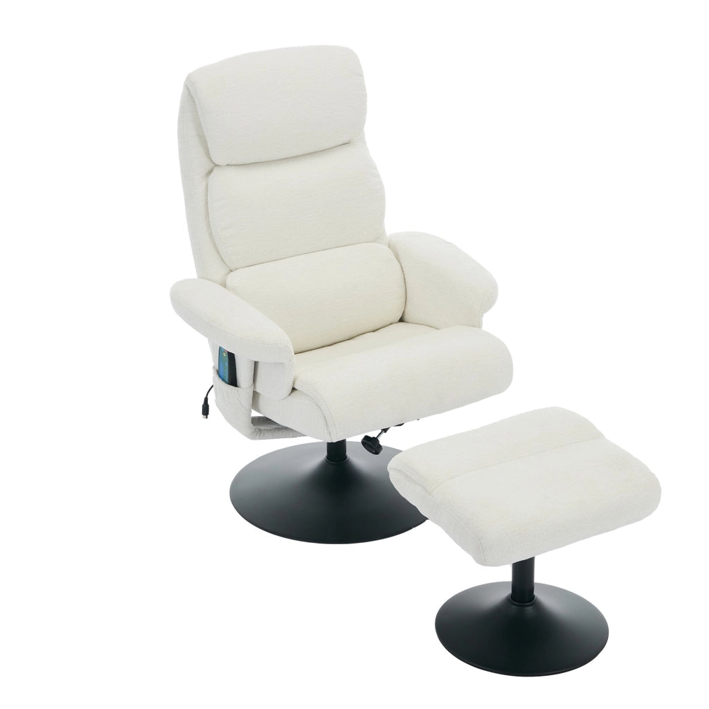 Poltrona Relax Reclinabile Massaggiante Elettrica con Poggiapiedi ¨C MINIMAL ¨C Chenille Bianco, Girevole 360¡ã