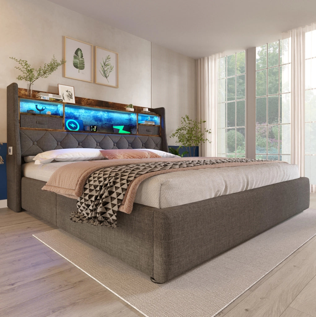 Letto contenitore 140x190 cm con LED, testiera con ricarica USB/Type-C e rete