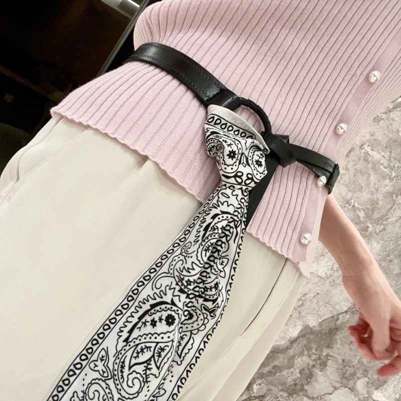 Sciarpa-cintura lunga in stile coreano con motivo paisley bianco e nero, nuovo accessorio da donna per la vita, da abbinare a cinture e catene per pantaloni.