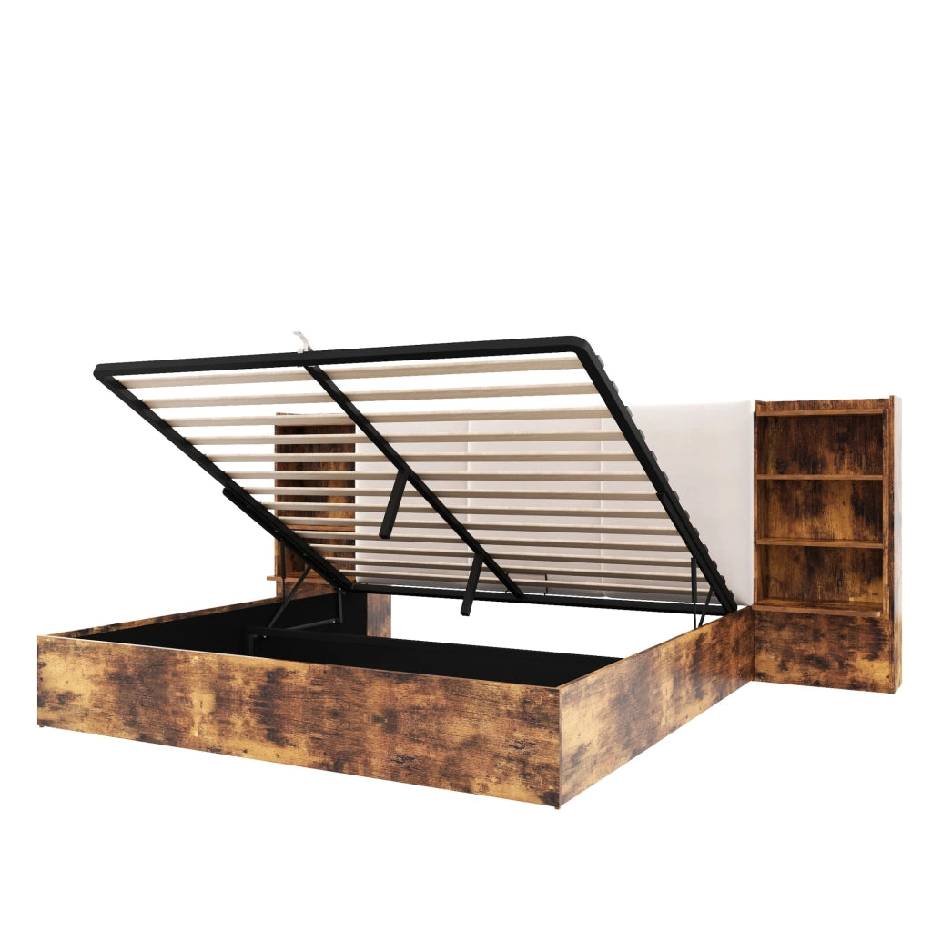 DESMIU Lit coffre 180 × 200 cm 2 posti con LED, 6 vani, testiera imbottita, senza materasso, marrone