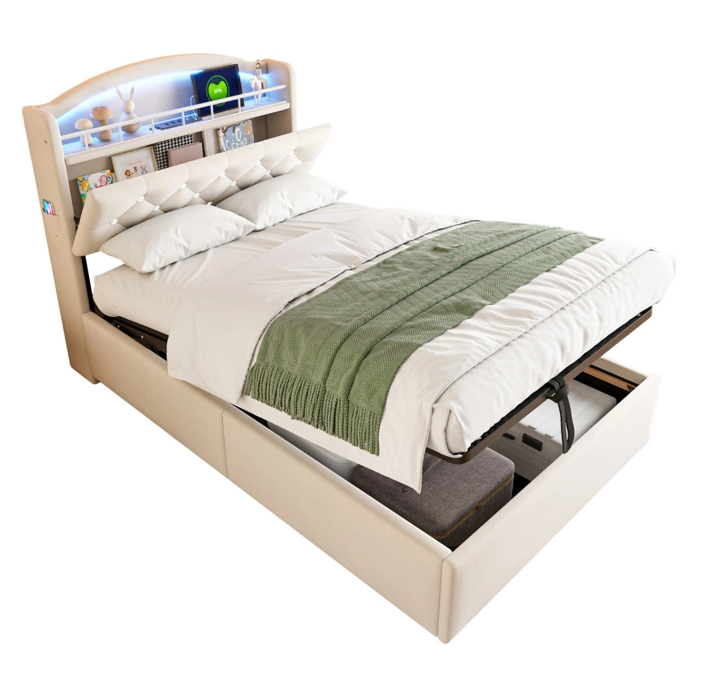 Letto imbottito 90x200 con contenitore, LED e porte USB, beige