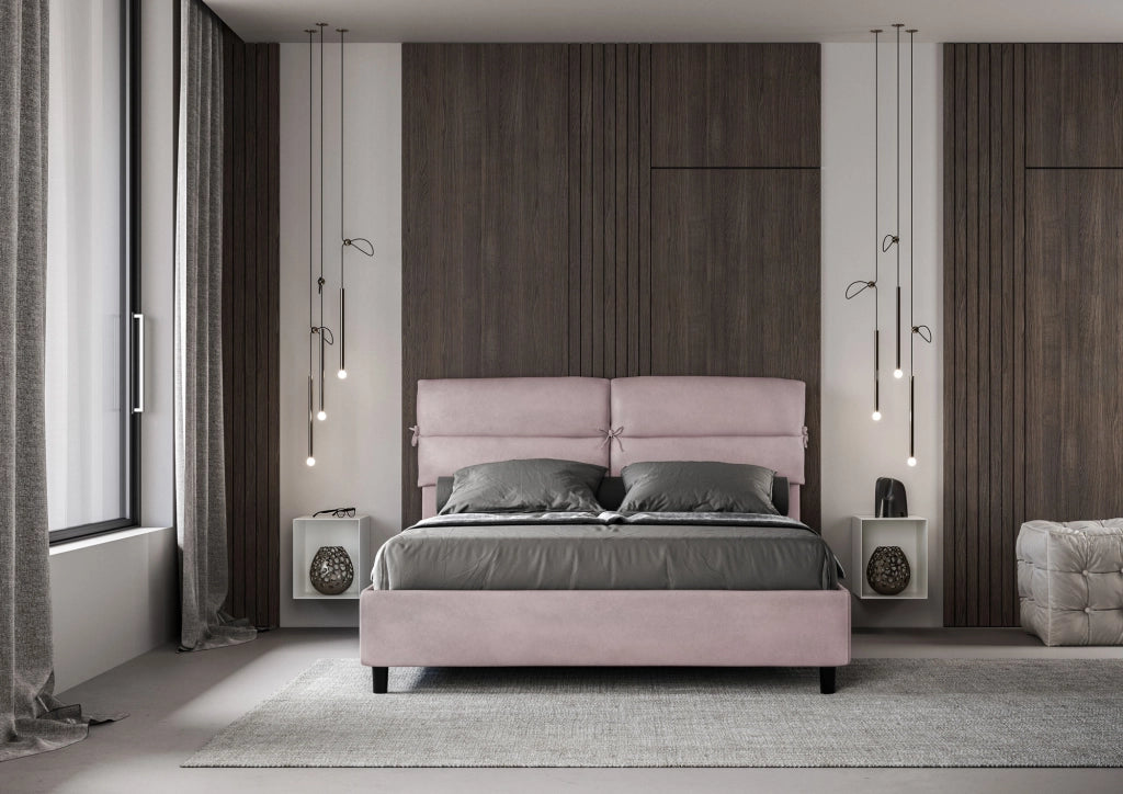 BS COM Letto matrimoniale con rete imbottito 160x200 microfibra glicine