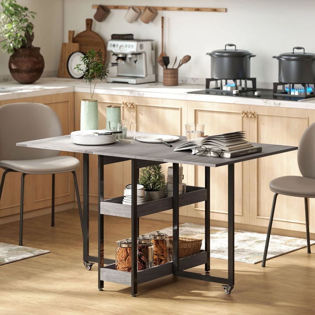 Tavolo Pieghevole a 2 Ribalte per 4 Persone con 2 Ripiani Aperti, in Legno e Metallo, 133.4x80x75 cm, Grigio