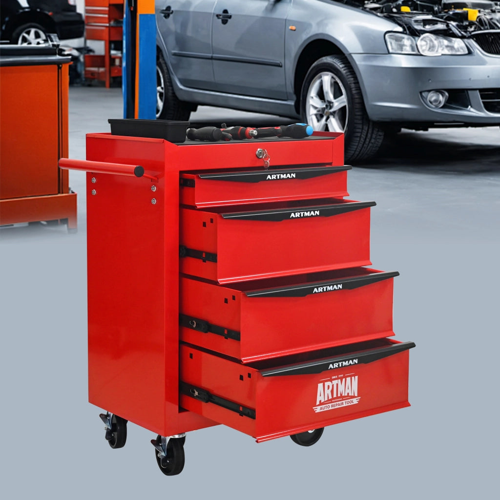 Mobile contenitore con 4 cassetti e ruote - per garage - in acciaio - rosso nero