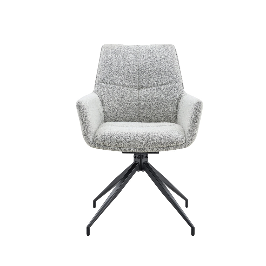 Chaise da pranzo girevole a 360° con braccioli e imbottitura in schiuma, in tessuto grigio chiaro e metallo nero