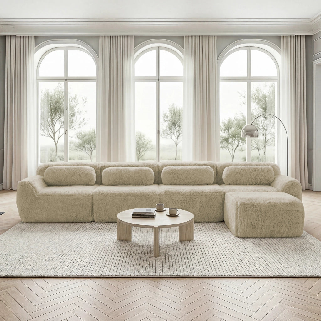 Divano angolare modulare 4 Posti con chaise longue, senza montaggio, seduta ampia, in Peluche, Cachi Chiaro